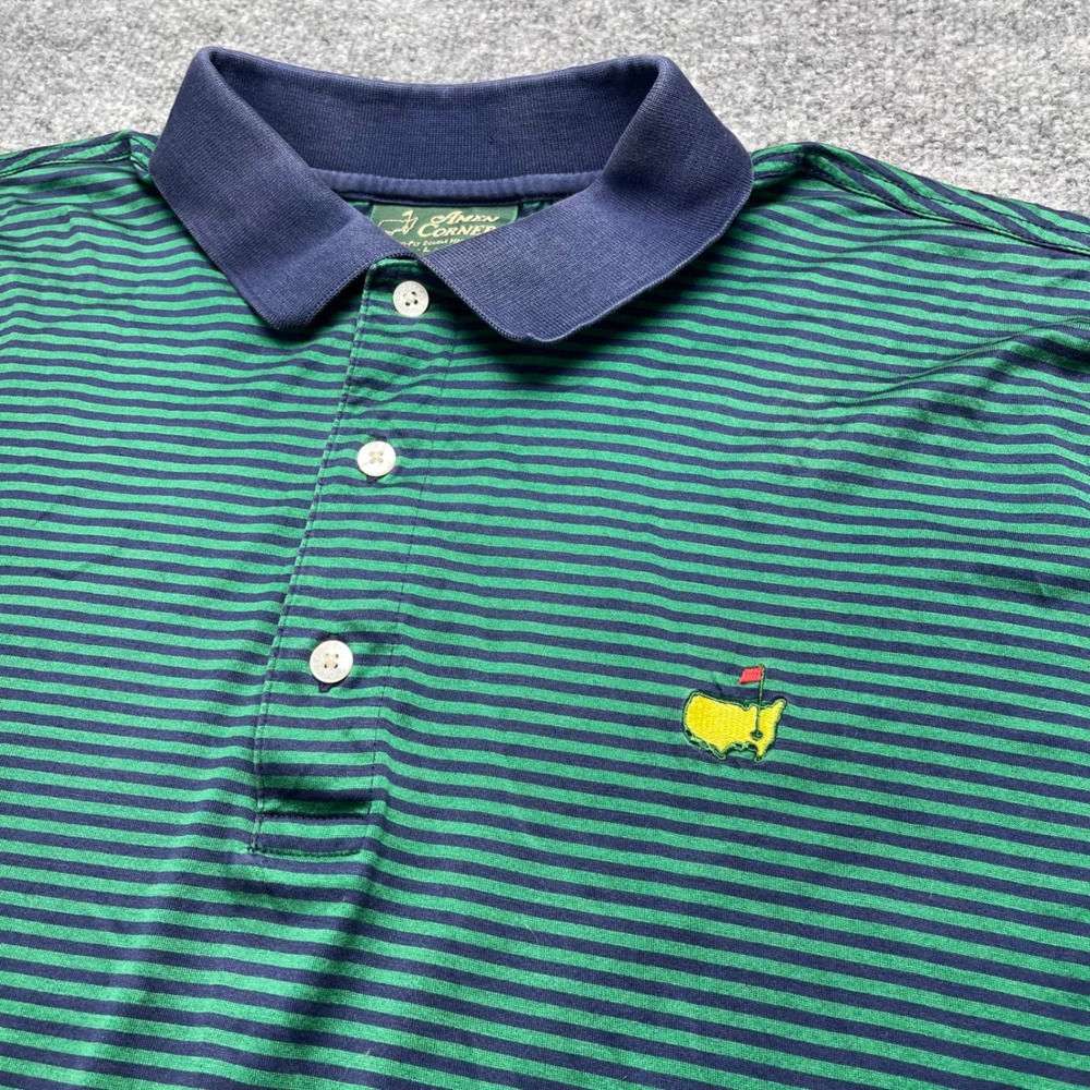 Amen Corner Masters Polo Shirt Mens Large Green Navy Blue Striped Pima Cotton